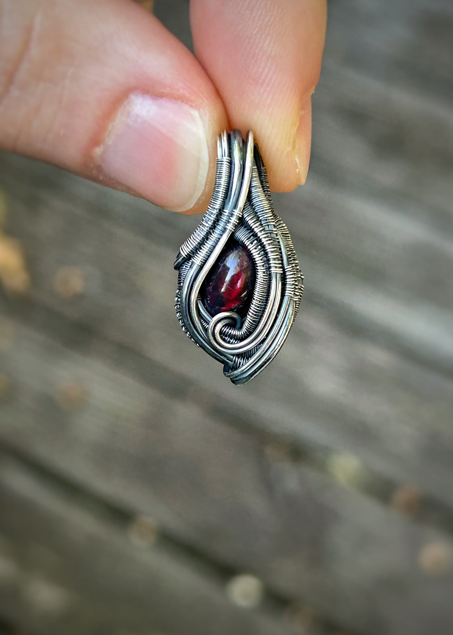 Red Opal Mini Pendant // Wire Wrap // Sterling Silver // Oxidized // Festival Jewelry // Handmade Wire Art // Elegant // One of a kind