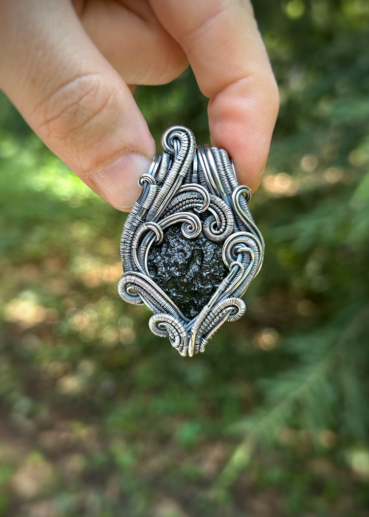Moldavite Pendant // Chlum Moldavite // Wire Wrapped Pendant // Organic Wire Flow // Festival Jewelry // Oxidized Sterling Silver / Handmade