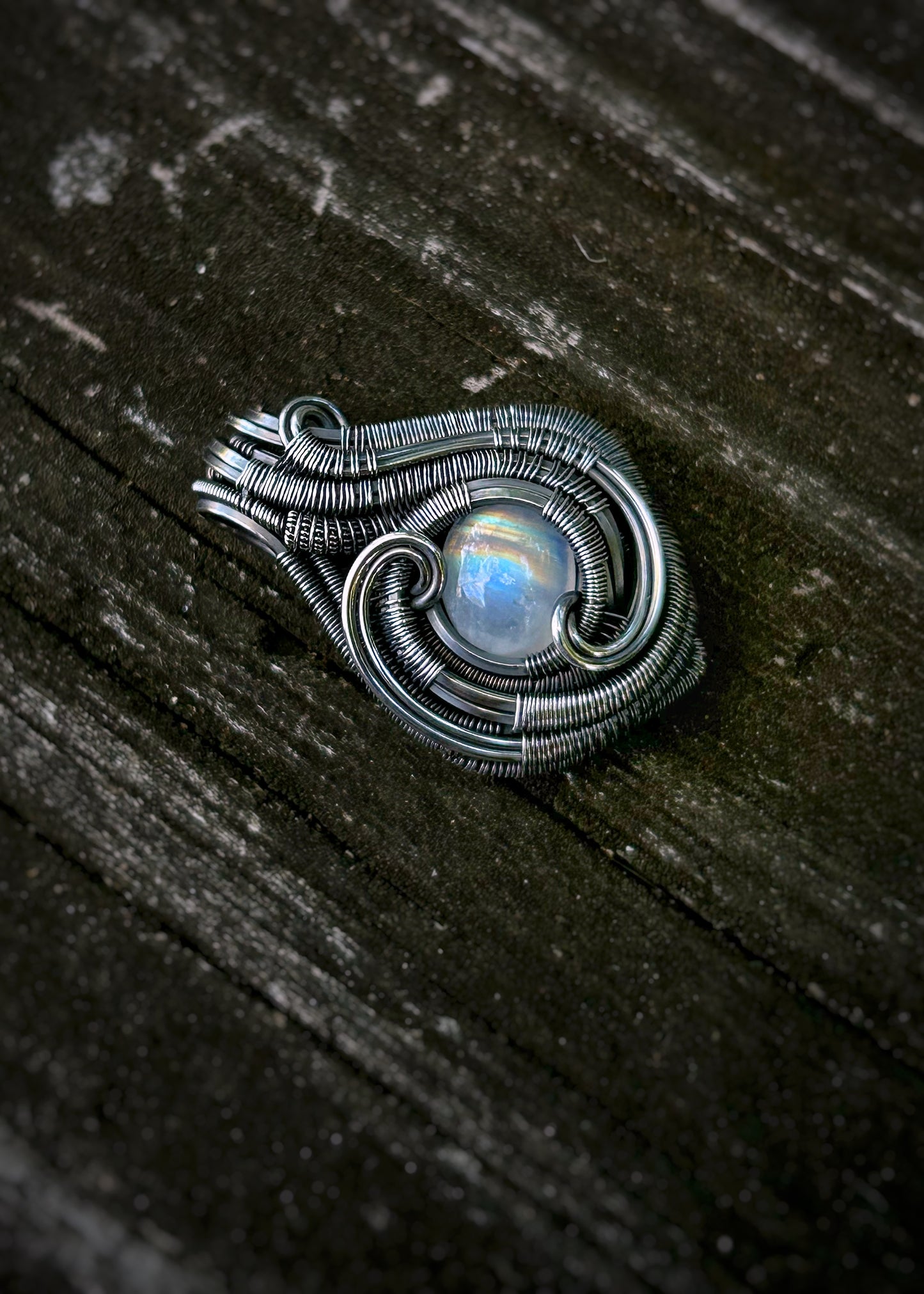 Moonstone Mini // Wire Wrap // Oxidized Sterling Silver // Festival Jewelry // Rainbow Moonstone // Handmade Jewelry // Sexy Pendant