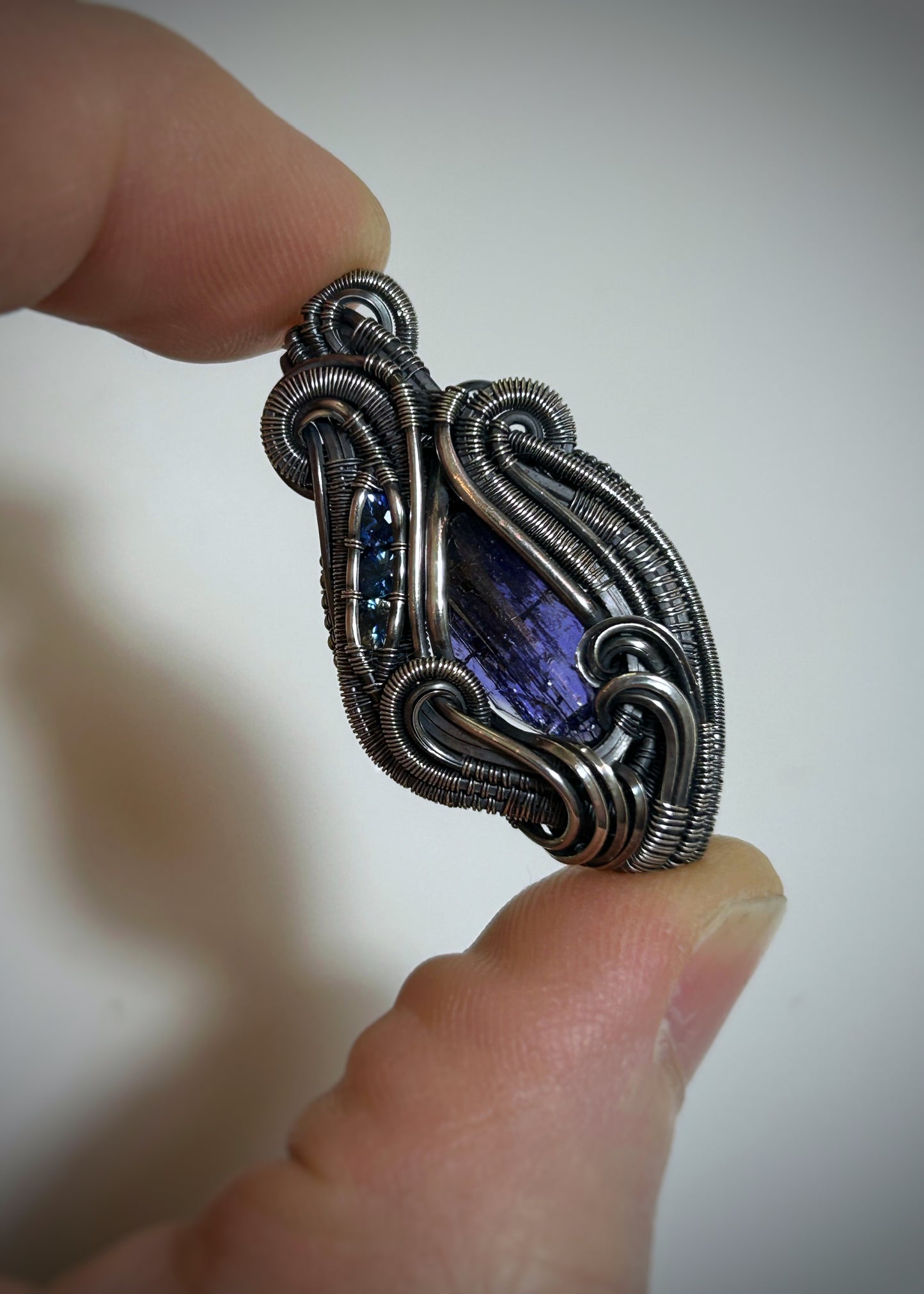 Tanzanite Mini Pendant // Blue Sapphires // Oxidized Sterling Silver // Festival Jewelry // Wire Wrap // Handmade Wire Art