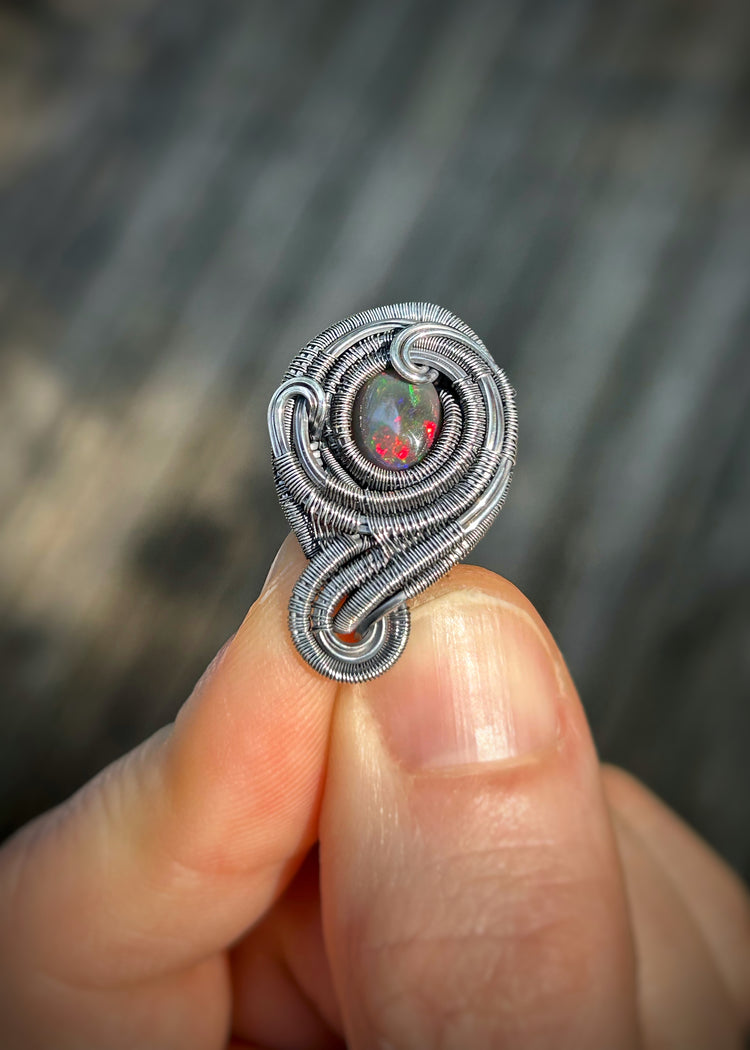 Opal Mini Pendant // Red Opal // Wire Wrapped // Ethiopian Welo Opal // Festival Jewelry // Oxidized Sterling Silver // Handmade