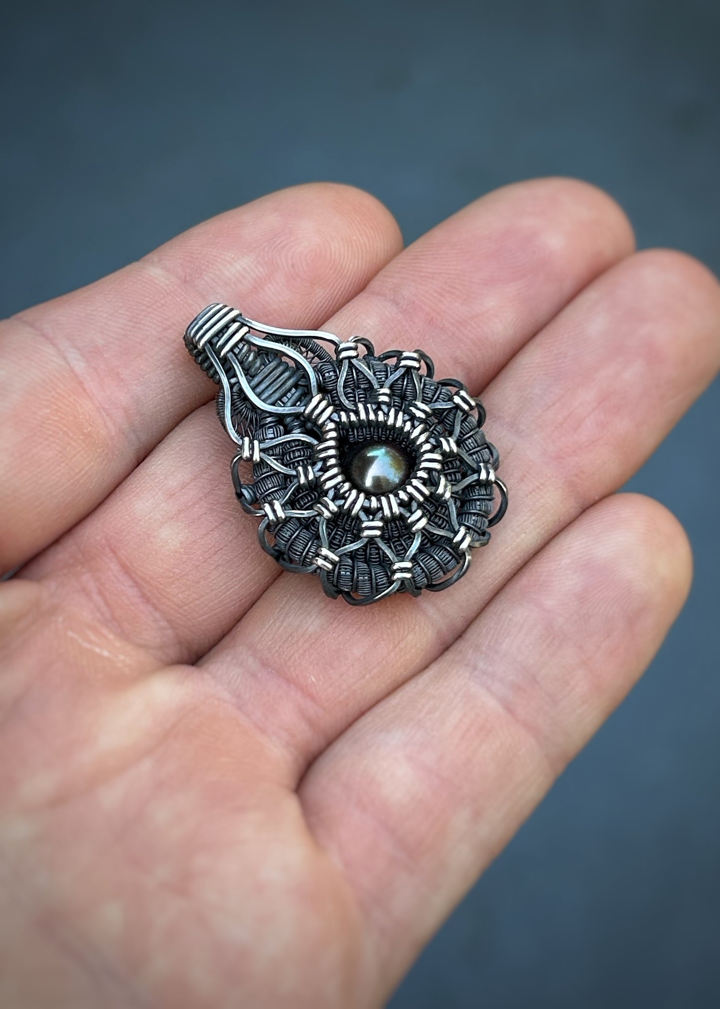 Symmetrical Pearl Pendant // Wire Wrapped // Oxidized/Polished Silver // Tahitian Black Pearl // Festival Jewelry // Sacred Geometry