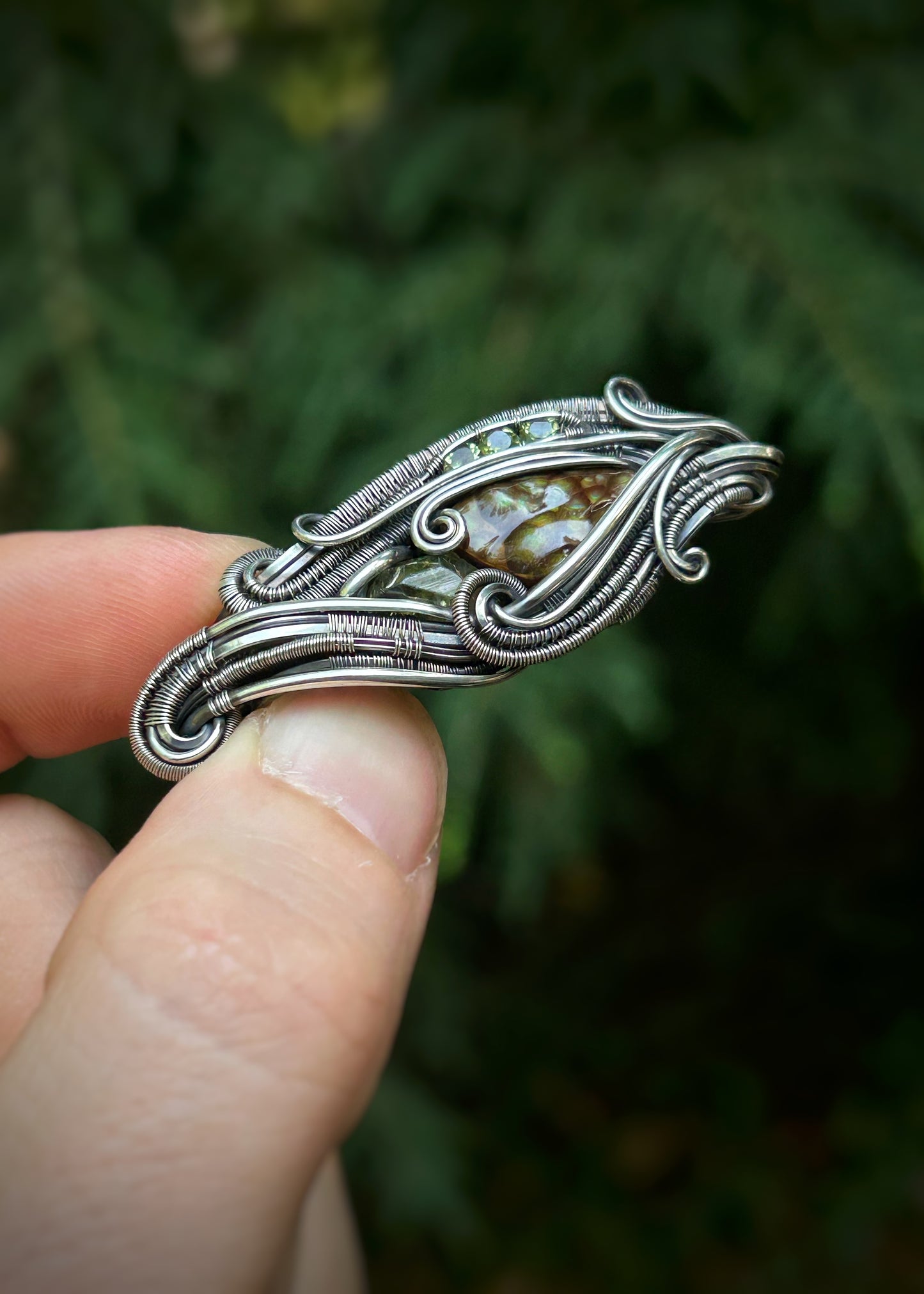 All Green Deer Creek Fire Agate Pendant // Demantoid Garnet // Peridot // Festival Jewelry // Oxidized Silver // Handmade Wire Art // Love