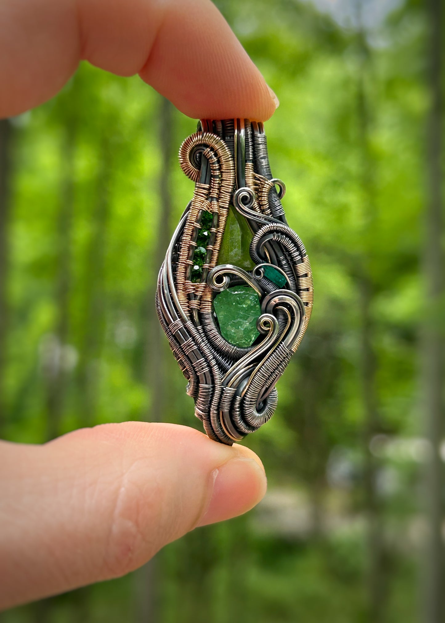 All-Greenie // Tsavorite Garnet // Emerald // Peridot // Festival Jewelry // Wire Wrapped Pendant // Sexy Necklace // Mixed Metals
