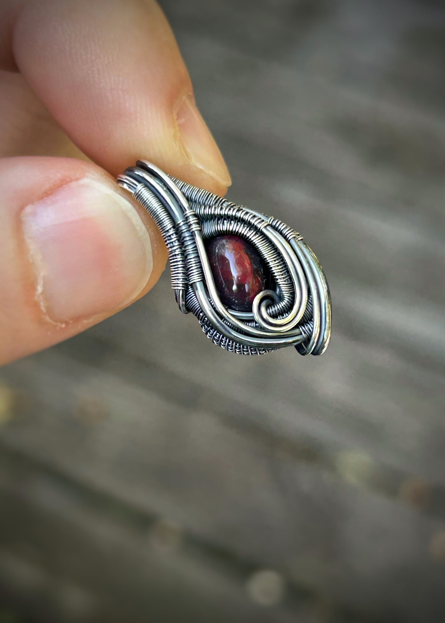 Red Opal Mini Pendant // Wire Wrap // Sterling Silver // Oxidized // Festival Jewelry // Handmade Wire Art // Elegant // One of a kind