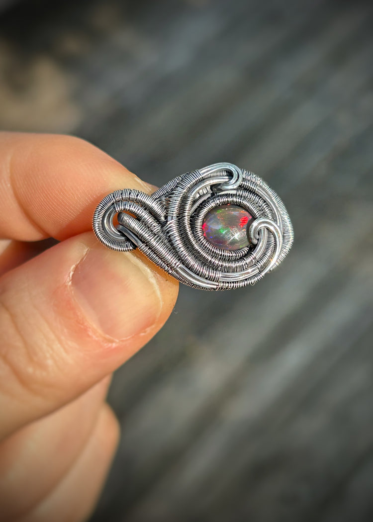 Opal Mini Pendant // Red Opal // Wire Wrapped // Ethiopian Welo Opal // Festival Jewelry // Oxidized Sterling Silver // Handmade