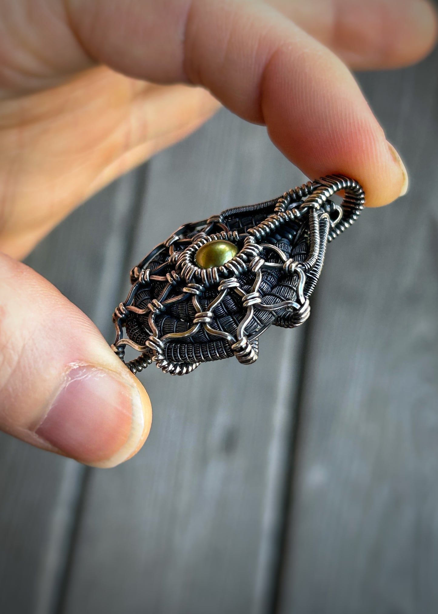 Pistachio Pearl // Tahitian Pearl // Symmetrical Pendant // Festival Jewelry // Wire Wrap // Oxidized Silver // Handmade Wire Art