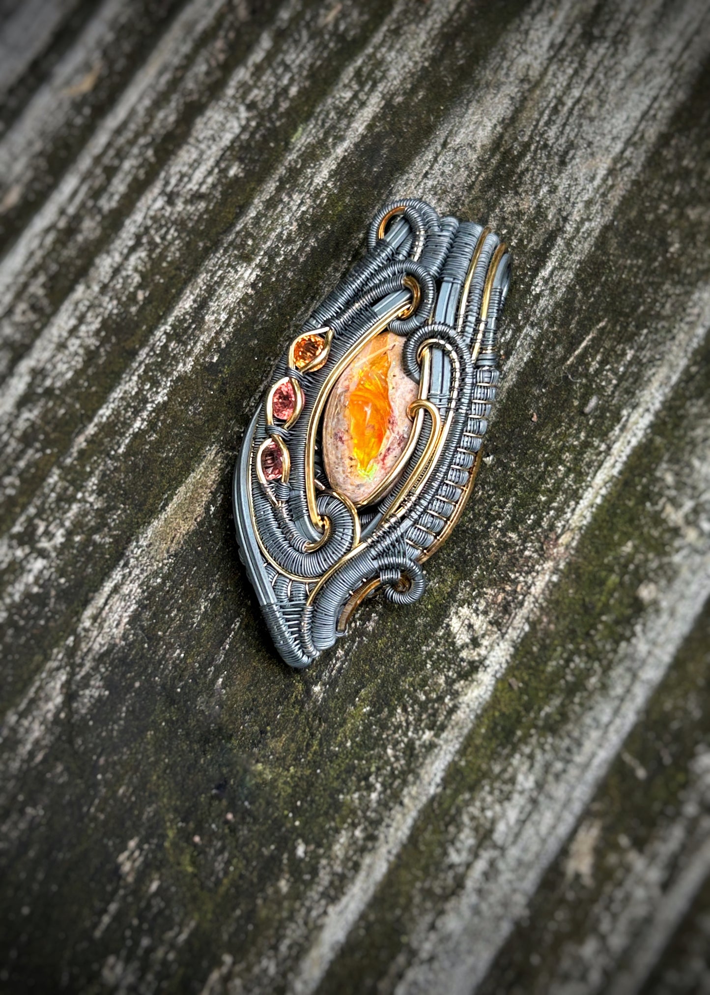 Autumnal Fire Opal Pendant // Multicolor Sapphires // Oxidized Silver // Mixed Metals // Goldfill // Festival Jewelry // Wrapped Pendant