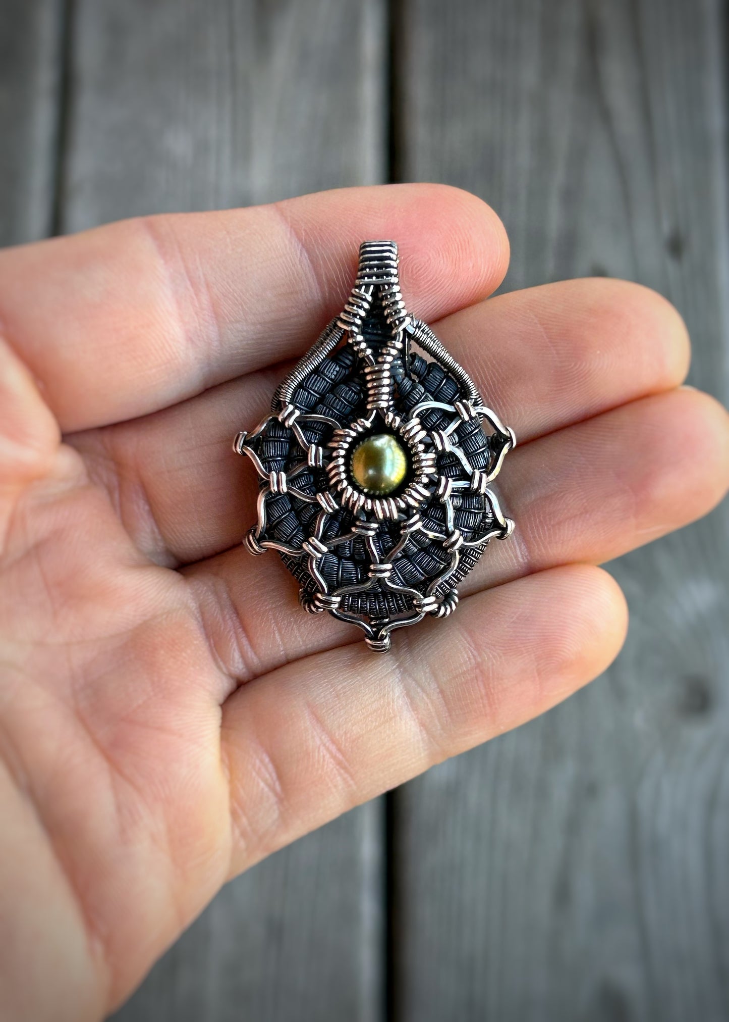 Pistachio Pearl // Tahitian Pearl // Symmetrical Pendant // Festival Jewelry // Wire Wrap // Oxidized Silver // Handmade Wire Art