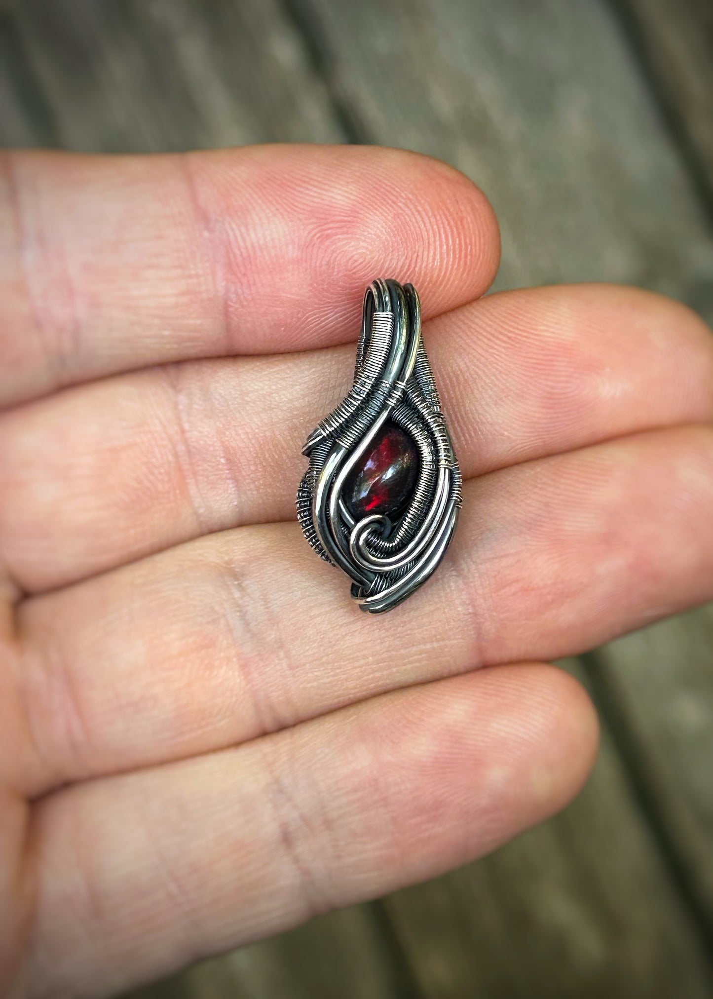 Red Opal Mini Pendant // Wire Wrap // Sterling Silver // Oxidized // Festival Jewelry // Handmade Wire Art // Elegant // One of a kind