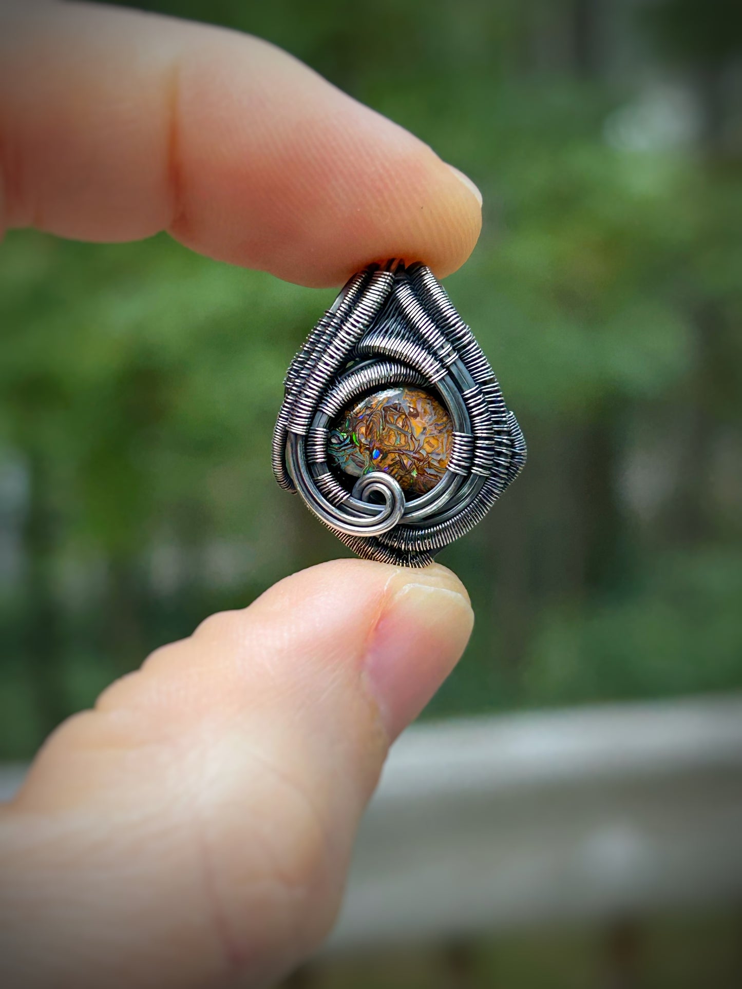 mini Boulder Opal pendant // Wire Wrap // Handmade Jewelry // Festival // Oxidized Sterling Silver // Elegant // One of a Kind // Fire Opal