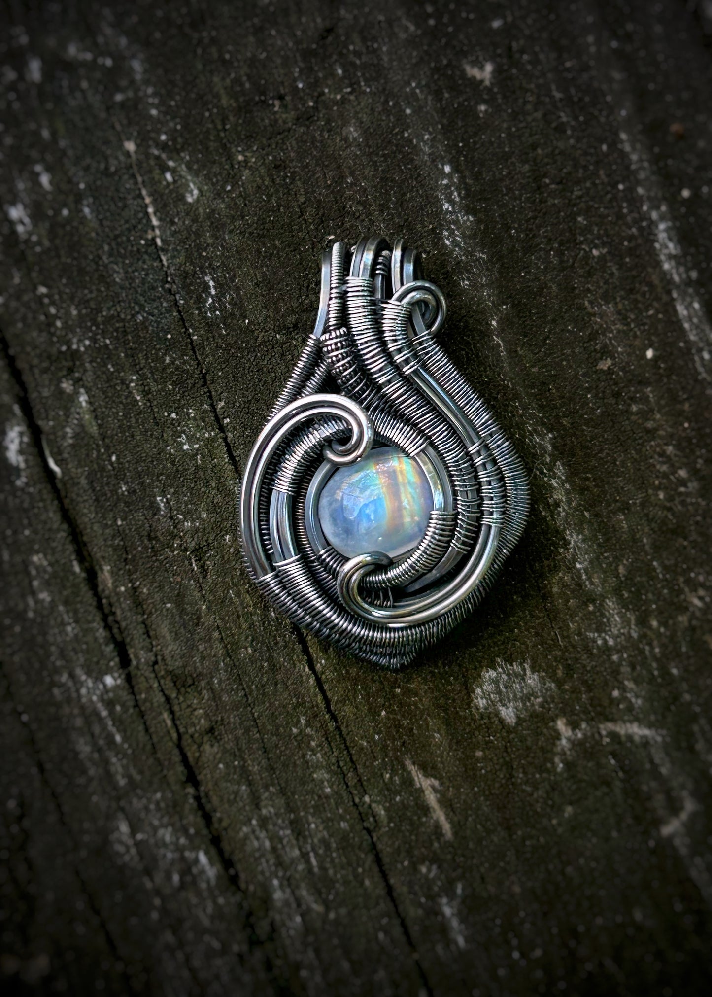 Moonstone Mini // Wire Wrap // Oxidized Sterling Silver // Festival Jewelry // Rainbow Moonstone // Handmade Jewelry // Sexy Pendant