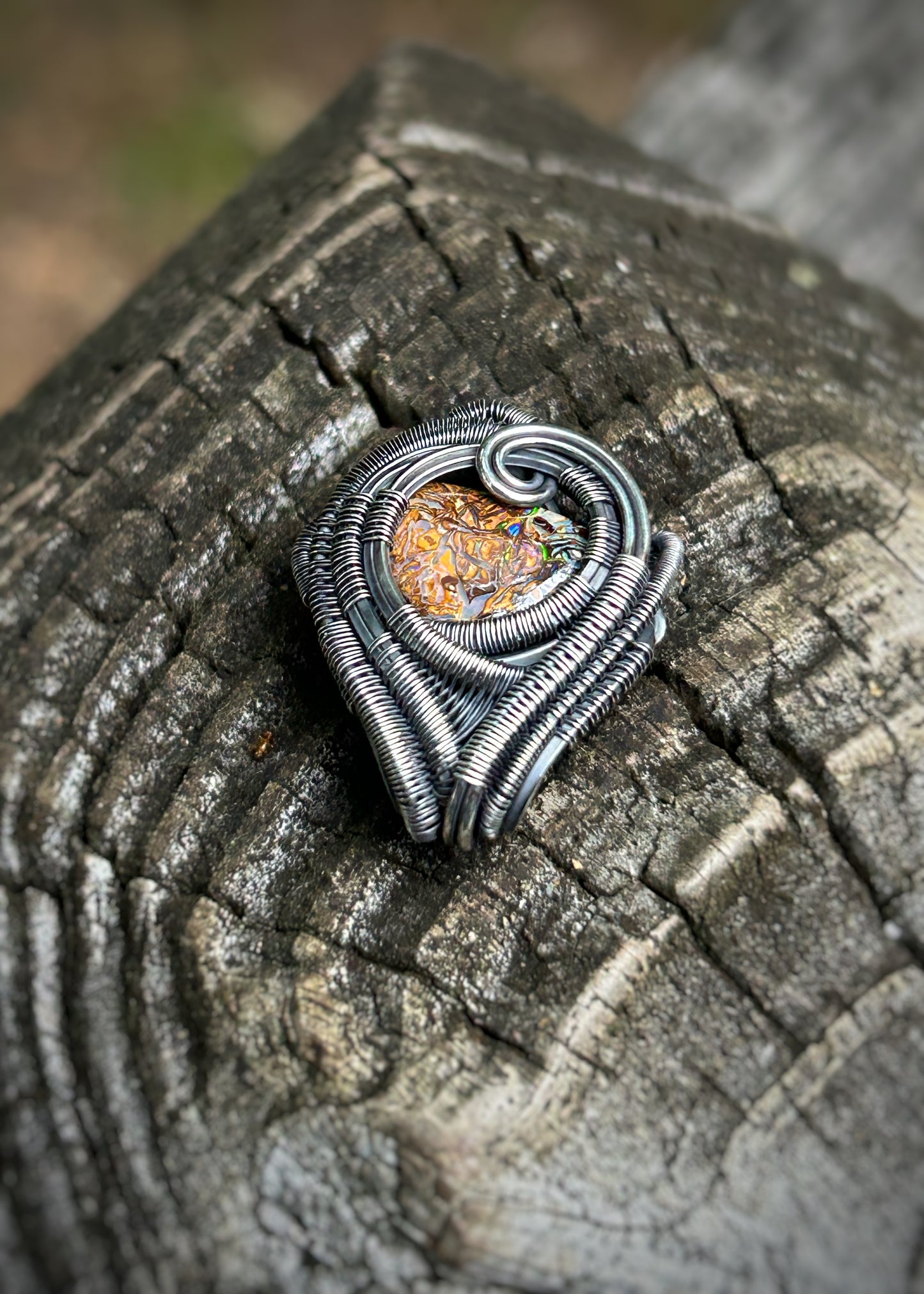 mini Boulder Opal pendant // Wire Wrap // Handmade Jewelry // Festival // Oxidized Sterling Silver // Elegant // One of a Kind // Fire Opal