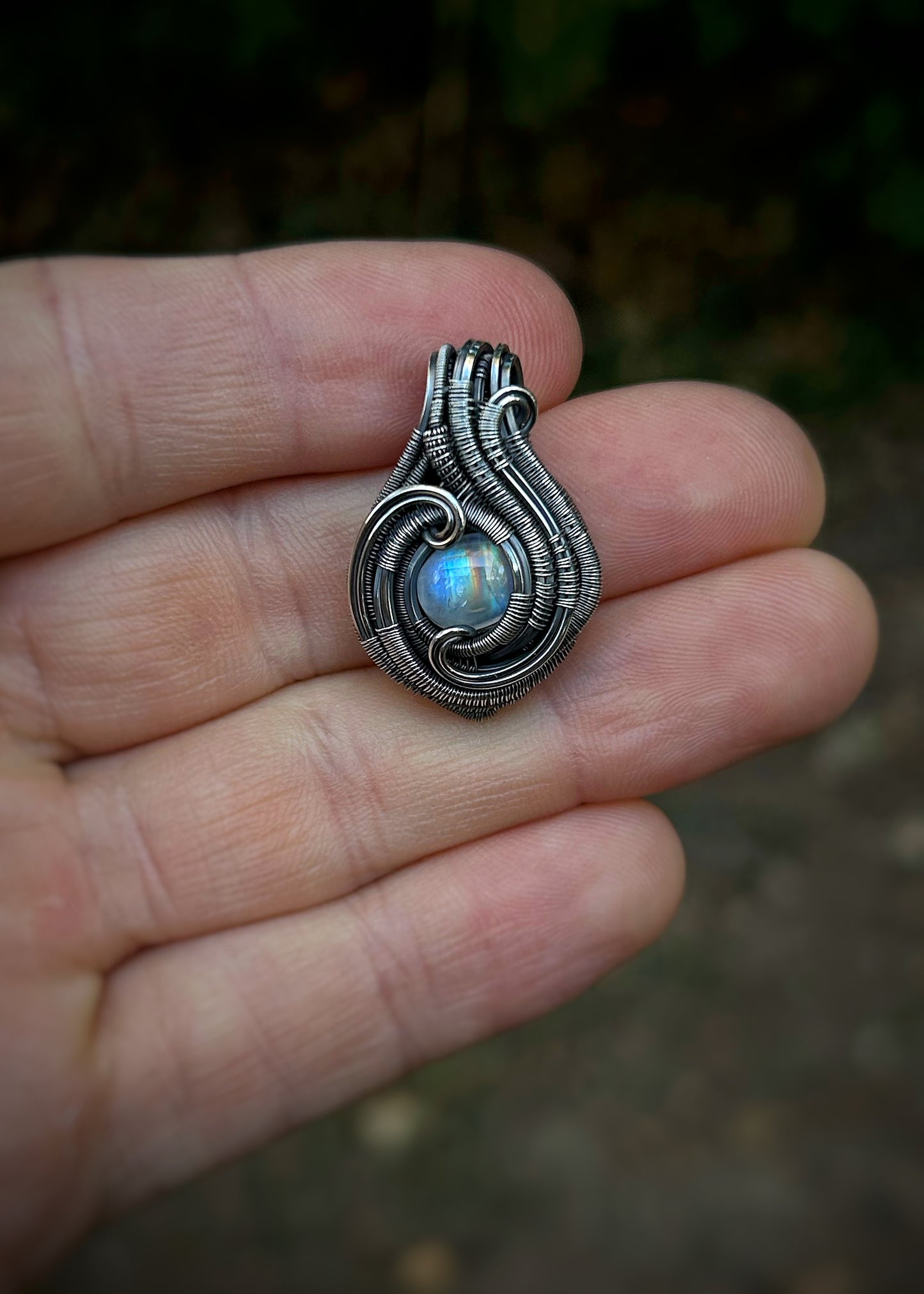 Moonstone Mini // Wire Wrap // Oxidized Sterling Silver // Festival Jewelry // Rainbow Moonstone // Handmade Jewelry // Sexy Pendant