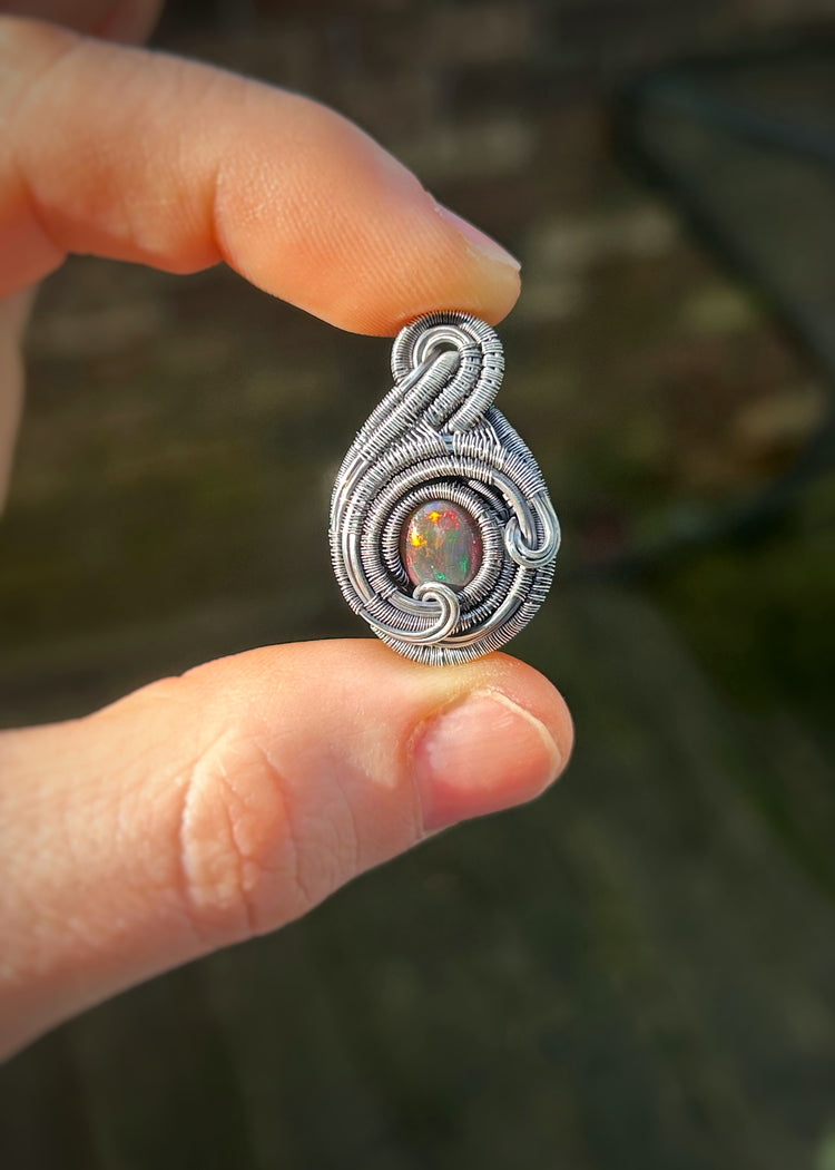 Opal Mini Pendant // Red Opal // Wire Wrapped // Ethiopian Welo Opal // Festival Jewelry // Oxidized Sterling Silver // Handmade