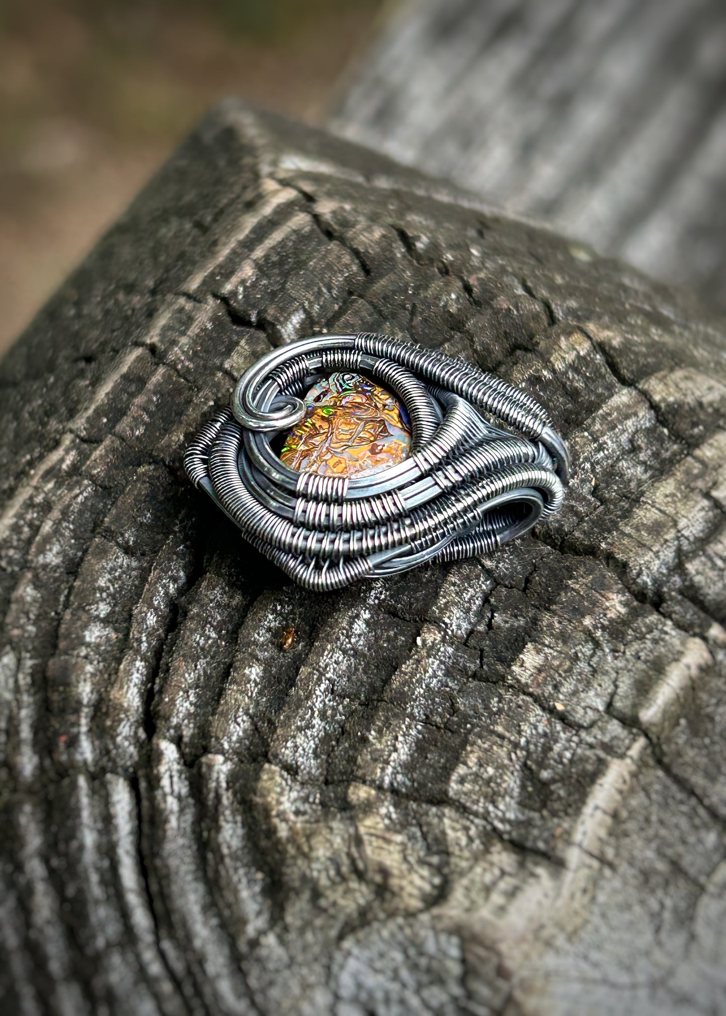 mini Boulder Opal pendant // Wire Wrap // Handmade Jewelry // Festival // Oxidized Sterling Silver // Elegant // One of a Kind // Fire Opal