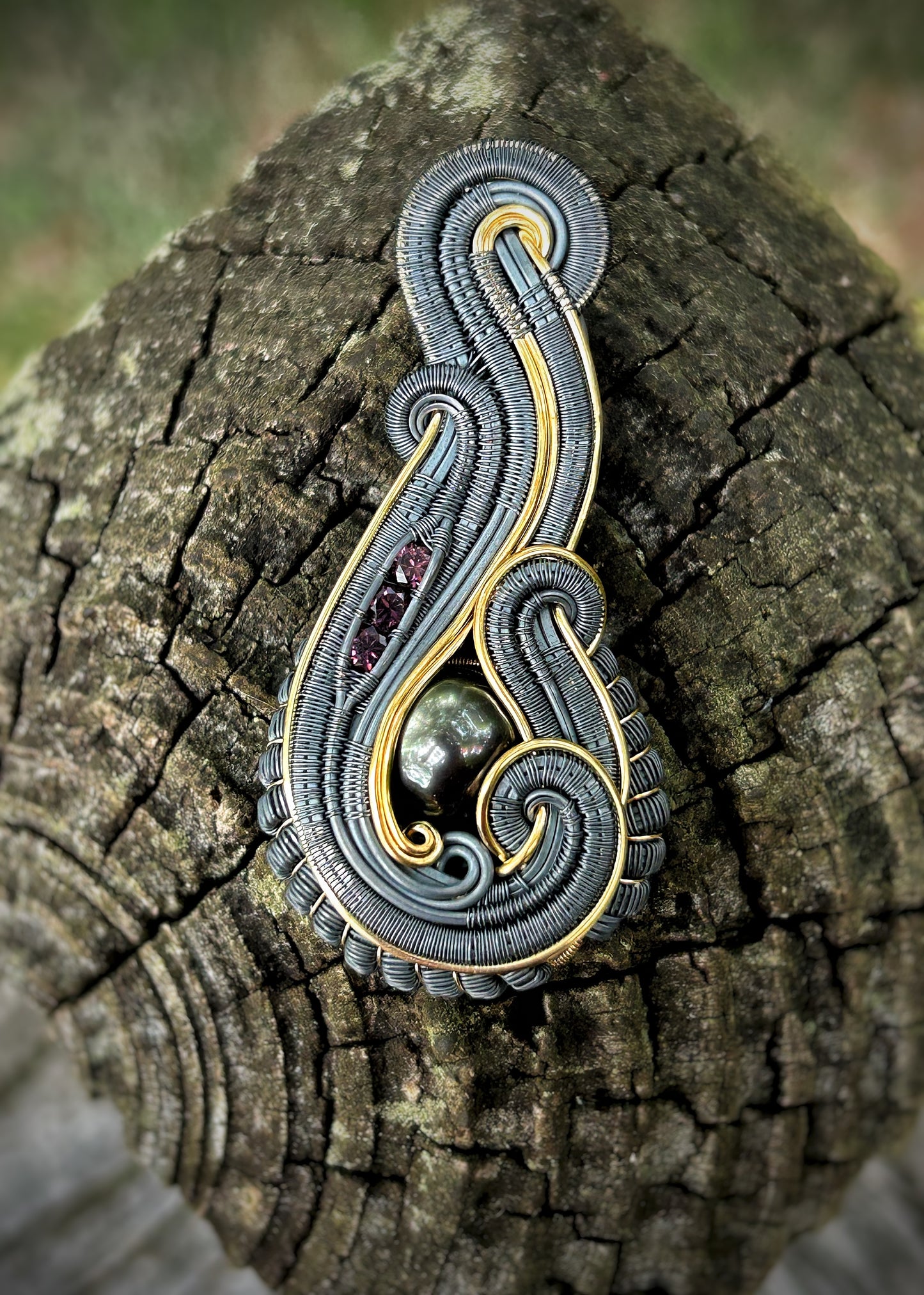 Tahitian Black Pearl // Malawi Purple Garnets // Mixed Metals // Festival Jewelry // Wire Wrapped Pendant // Oxidized Silver