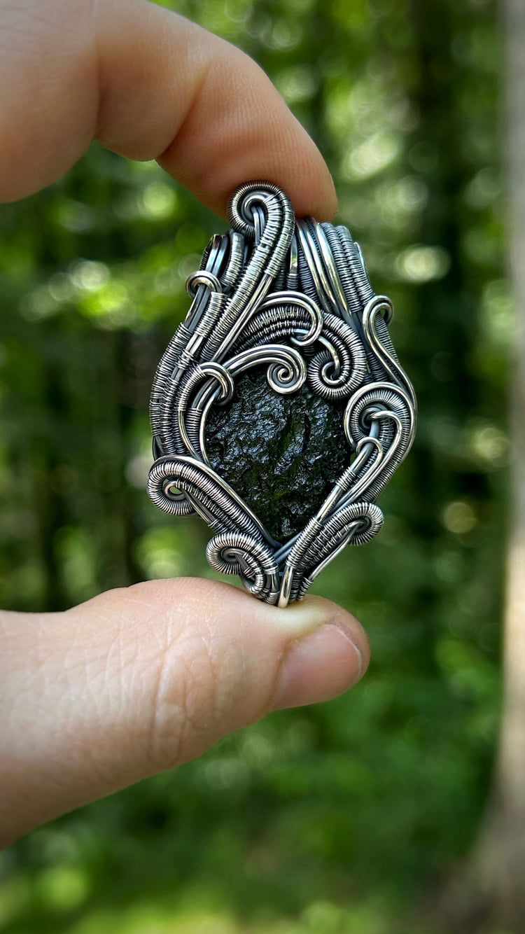 Moldavite Pendant // Chlum Moldavite // Wire Wrapped Pendant // Organic Wire Flow // Festival Jewelry // Oxidized Sterling Silver / Handmade
