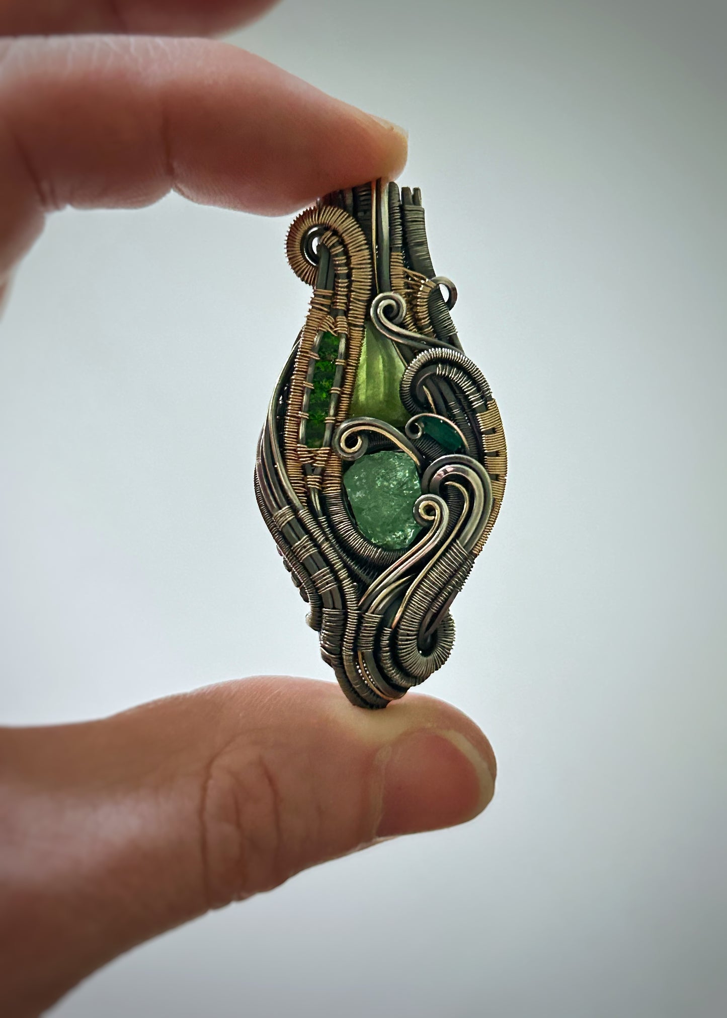 All-Greenie // Tsavorite Garnet // Emerald // Peridot // Festival Jewelry // Wire Wrapped Pendant // Sexy Necklace // Mixed Metals