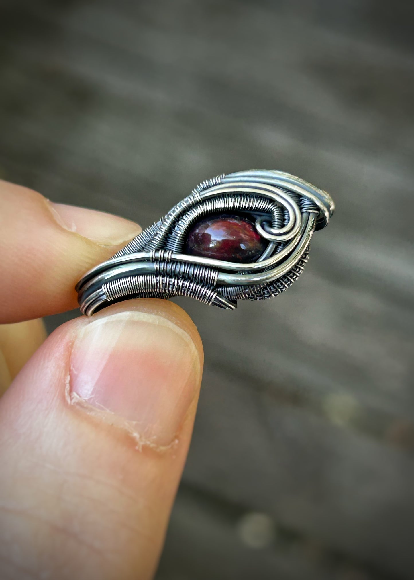 Red Opal Mini Pendant // Wire Wrap // Sterling Silver // Oxidized // Festival Jewelry // Handmade Wire Art // Elegant // One of a kind