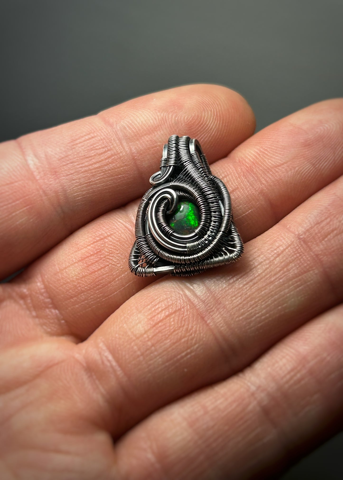 Triangular Opal Mini // Wire Wrapped Pendant // Ethiopian Welo Opal // Festival Jewelry // Oxidized Sterling Silver // Petite // Handmade