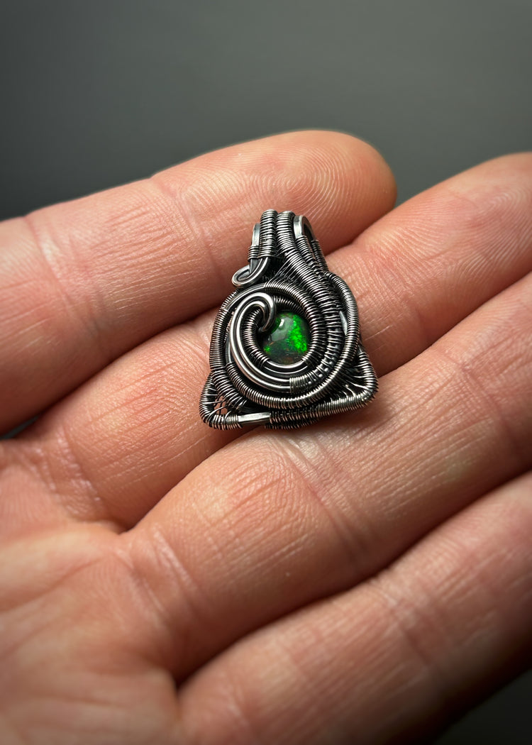 Triangular Opal Mini // Wire Wrapped Pendant // Ethiopian Welo Opal // Festival Jewelry // Oxidized Sterling Silver // Petite // Handmade