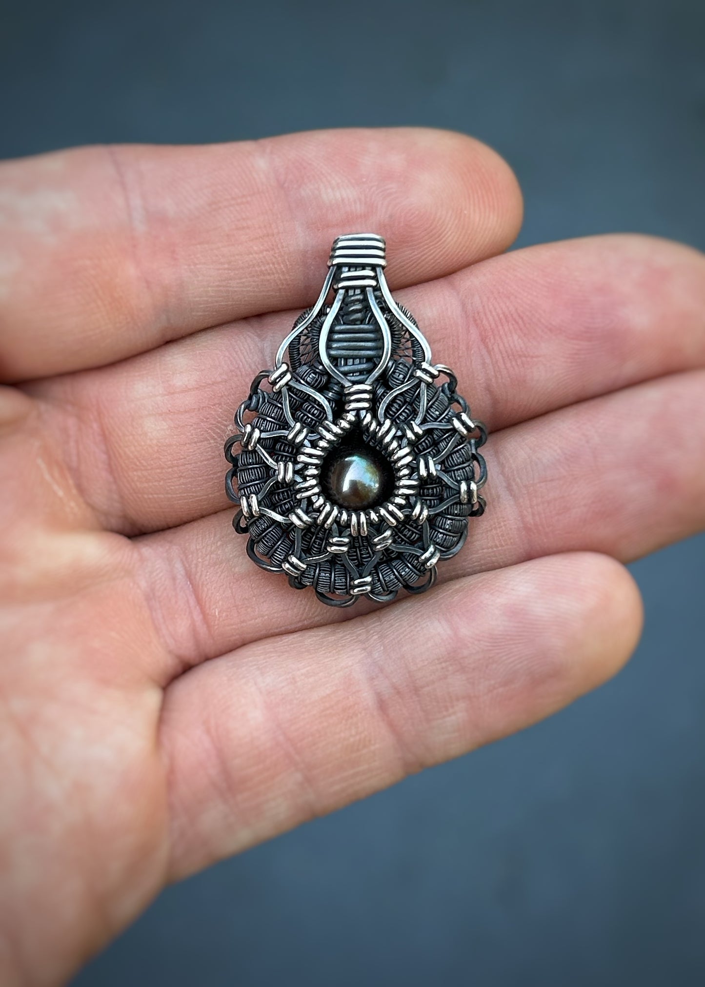 Symmetrical Pearl Pendant // Wire Wrapped // Oxidized/Polished Silver // Tahitian Black Pearl // Festival Jewelry // Sacred Geometry