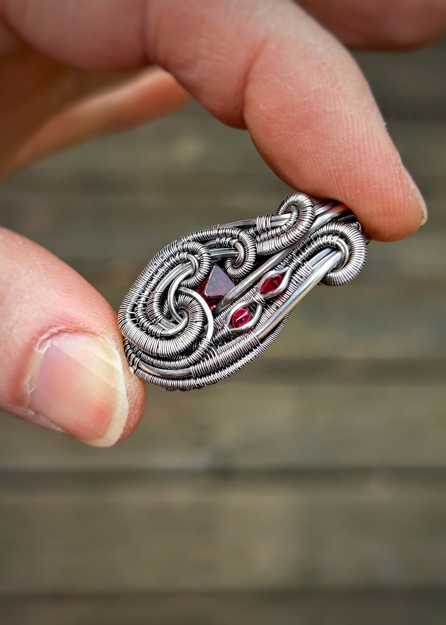 Mini Spinel Pendant // Red Gems // Wire Wrap // Festival Jewelry // Oxidized Silver // Handmade Wire Art // Small Jewelry // Wire Flow