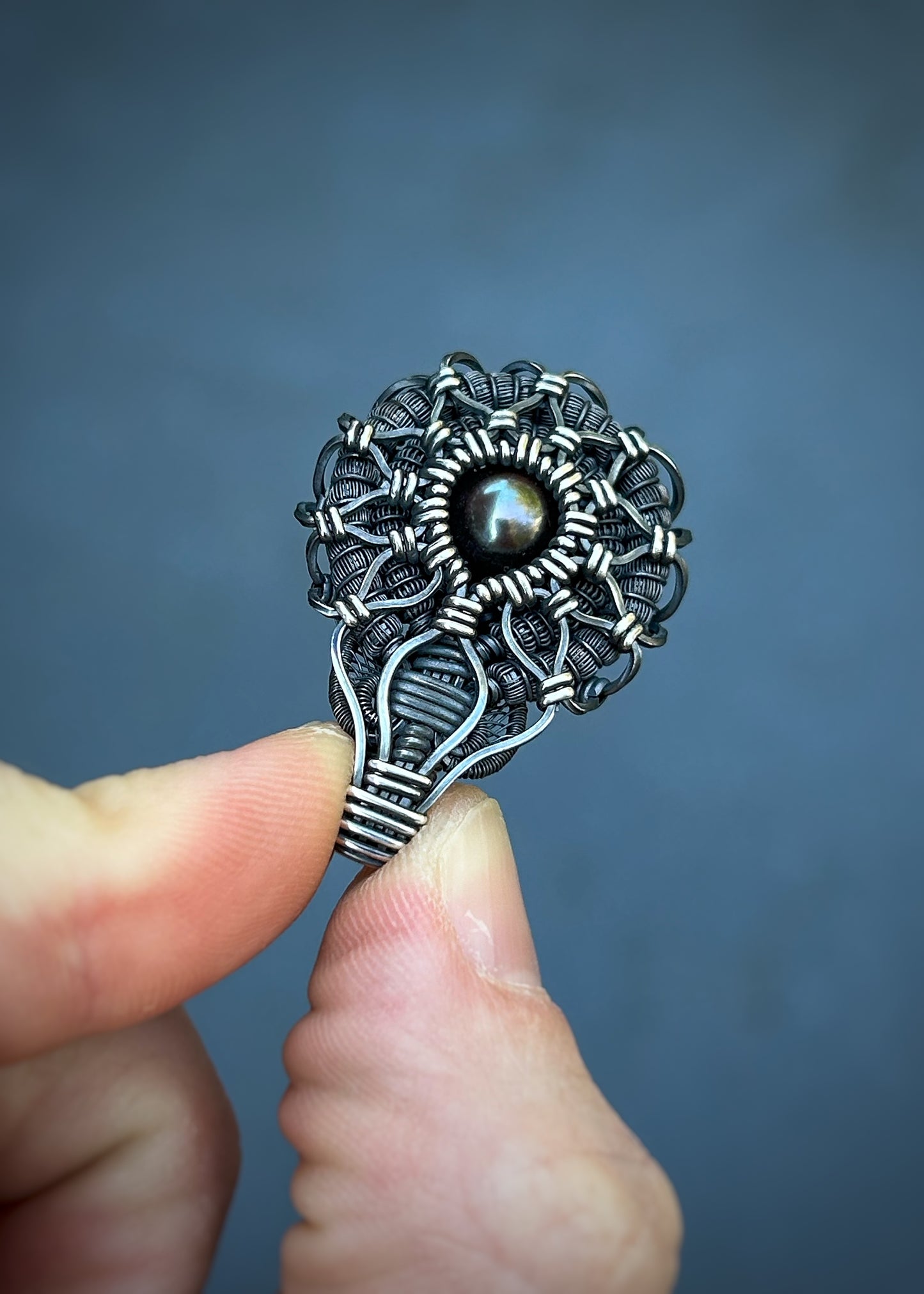 Symmetrical Pearl Pendant // Wire Wrapped // Oxidized/Polished Silver // Tahitian Black Pearl // Festival Jewelry // Sacred Geometry