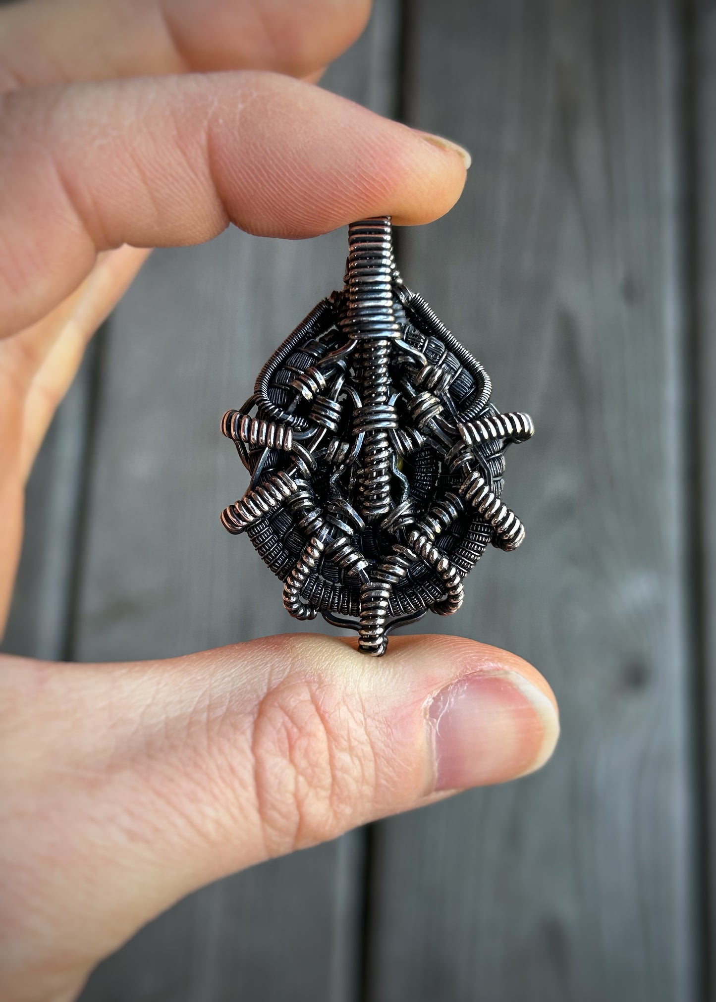 Pistachio Pearl // Tahitian Pearl // Symmetrical Pendant // Festival Jewelry // Wire Wrap // Oxidized Silver // Handmade Wire Art