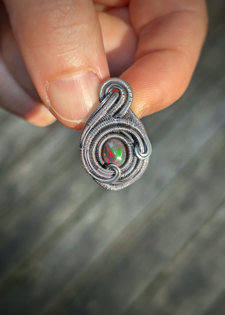 Opal Mini Pendant // Red Opal // Wire Wrapped // Ethiopian Welo Opal // Festival Jewelry // Oxidized Sterling Silver // Handmade