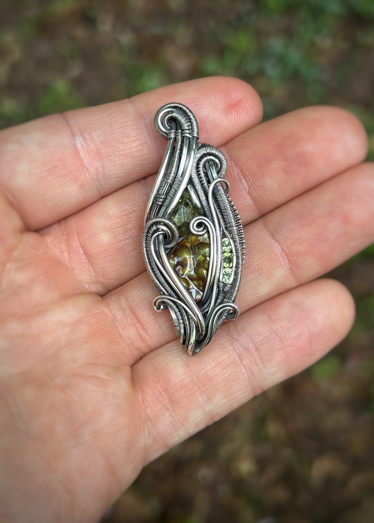All Green Deer Creek Fire Agate Pendant // Demantoid Garnet // Peridot // Festival Jewelry // Oxidized Silver // Handmade Wire Art // Love