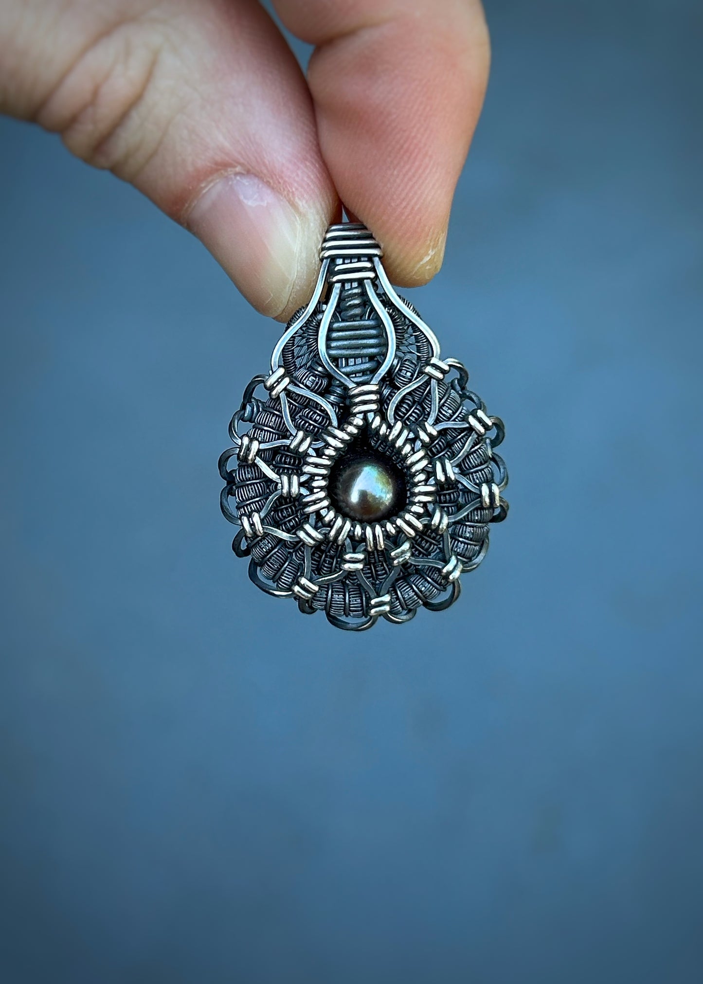 Symmetrical Pearl Pendant // Wire Wrapped // Oxidized/Polished Silver // Tahitian Black Pearl // Festival Jewelry // Sacred Geometry