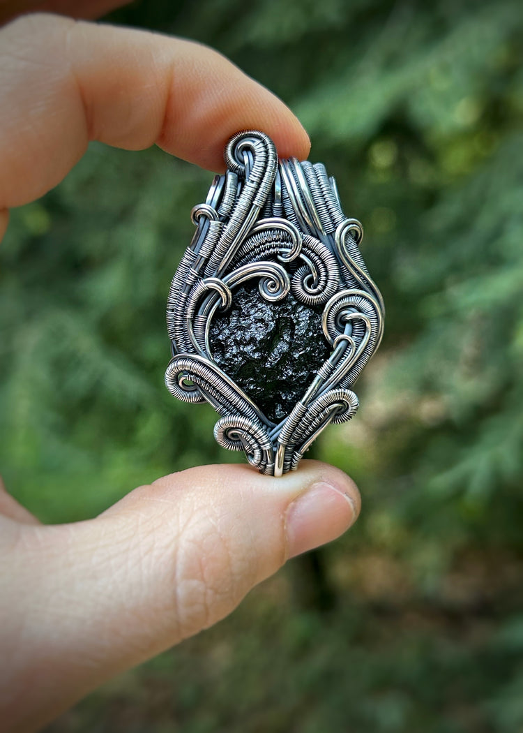 Moldavite Pendant // Chlum Moldavite // Wire Wrapped Pendant // Organic Wire Flow // Festival Jewelry // Oxidized Sterling Silver / Handmade
