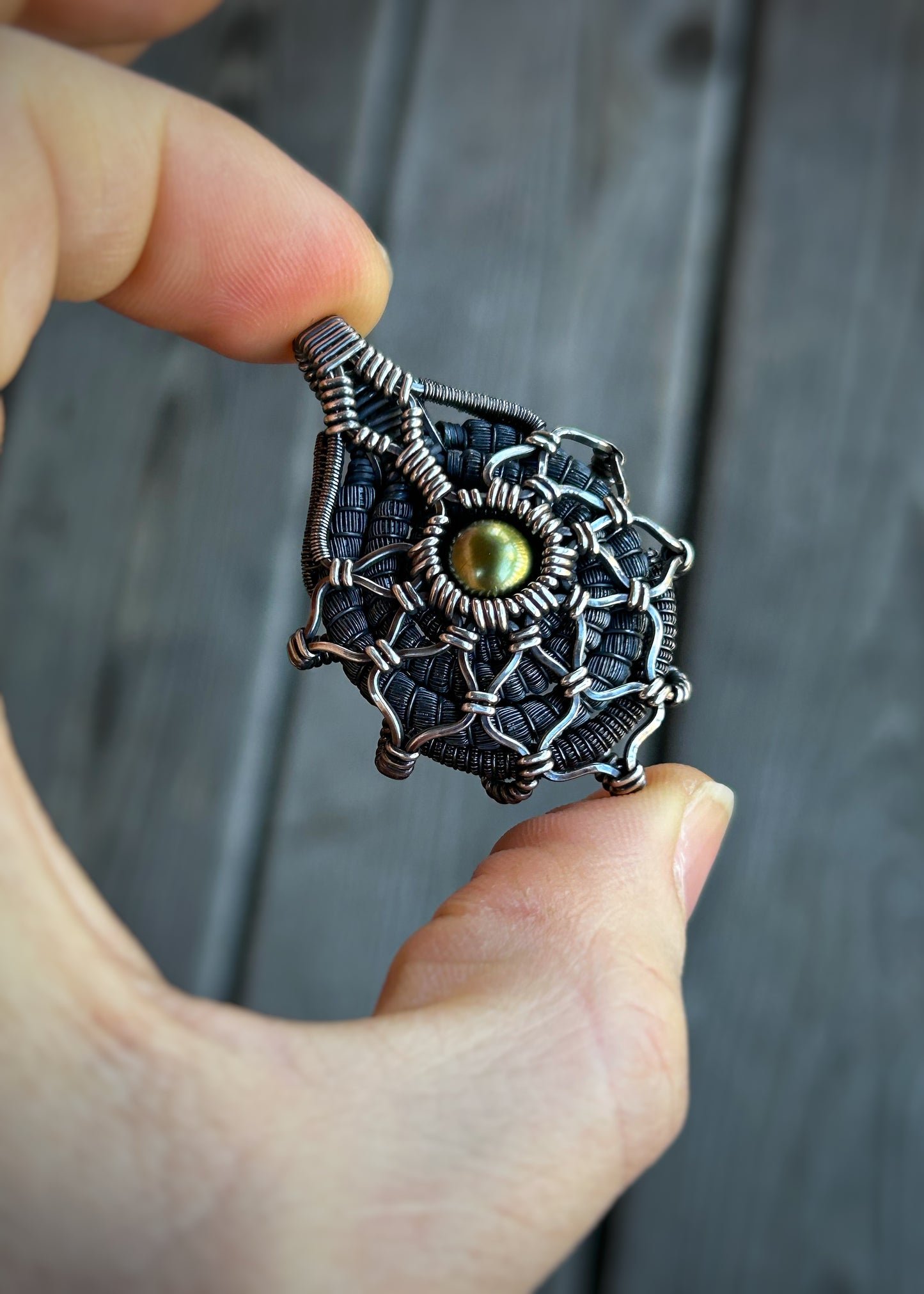 Pistachio Pearl // Tahitian Pearl // Symmetrical Pendant // Festival Jewelry // Wire Wrap // Oxidized Silver // Handmade Wire Art