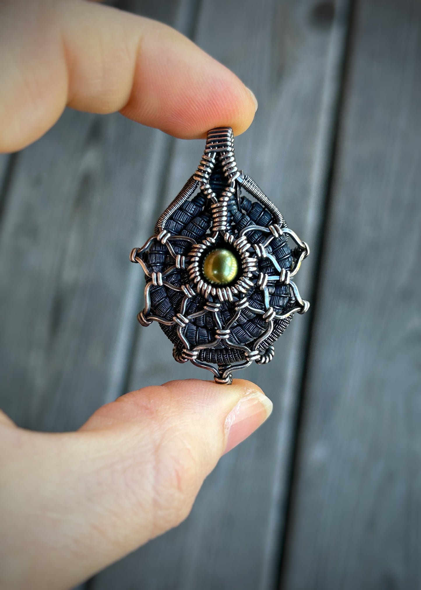 Pistachio Pearl // Tahitian Pearl // Symmetrical Pendant // Festival Jewelry // Wire Wrap // Oxidized Silver // Handmade Wire Art