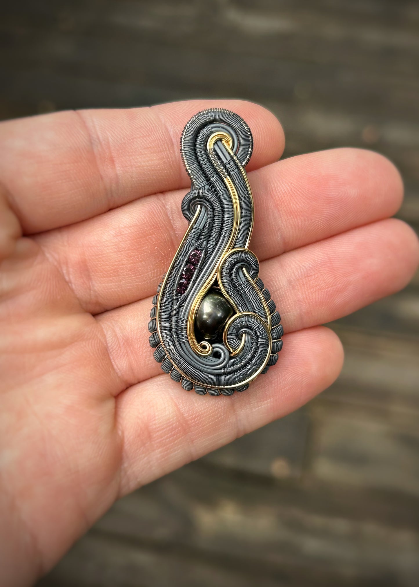 Tahitian Black Pearl // Malawi Purple Garnets // Mixed Metals // Festival Jewelry // Wire Wrapped Pendant // Oxidized Silver