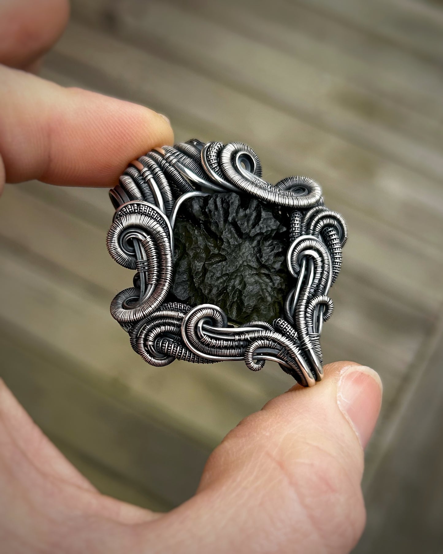 Moldavite Pendant // Symmetrical // Wire Wrap // Festival Jewelry // Moldavite Family // Oxidized Silved // Handmade Wire Art // Organic