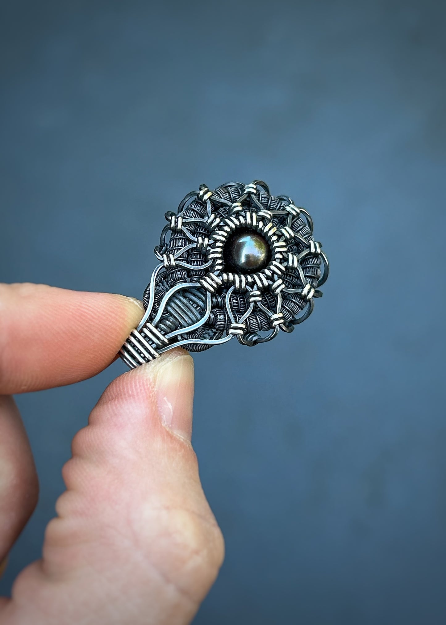Symmetrical Pearl Pendant // Wire Wrapped // Oxidized/Polished Silver // Tahitian Black Pearl // Festival Jewelry // Sacred Geometry