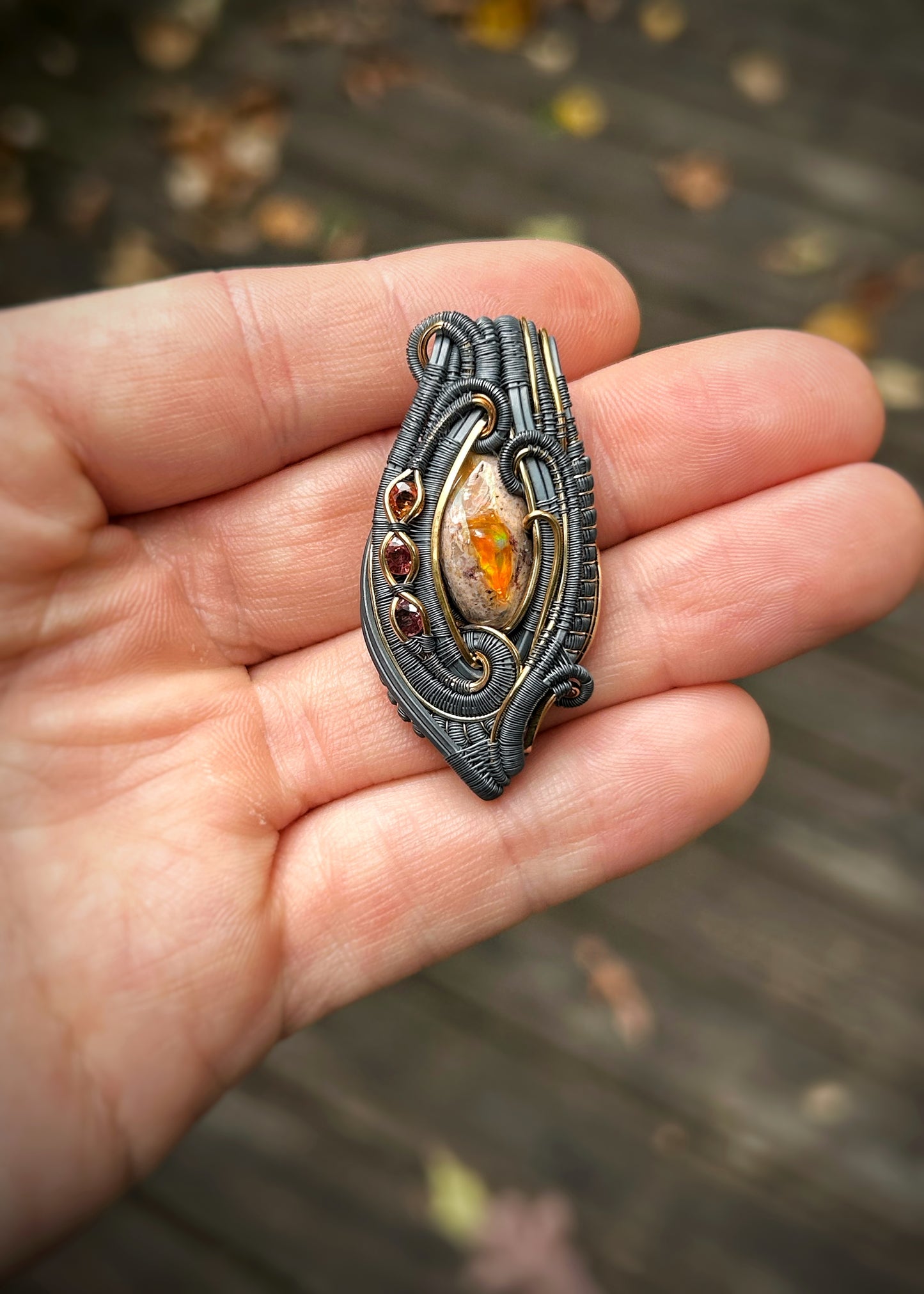 Autumnal Fire Opal Pendant // Multicolor Sapphires // Oxidized Silver // Mixed Metals // Goldfill // Festival Jewelry // Wrapped Pendant