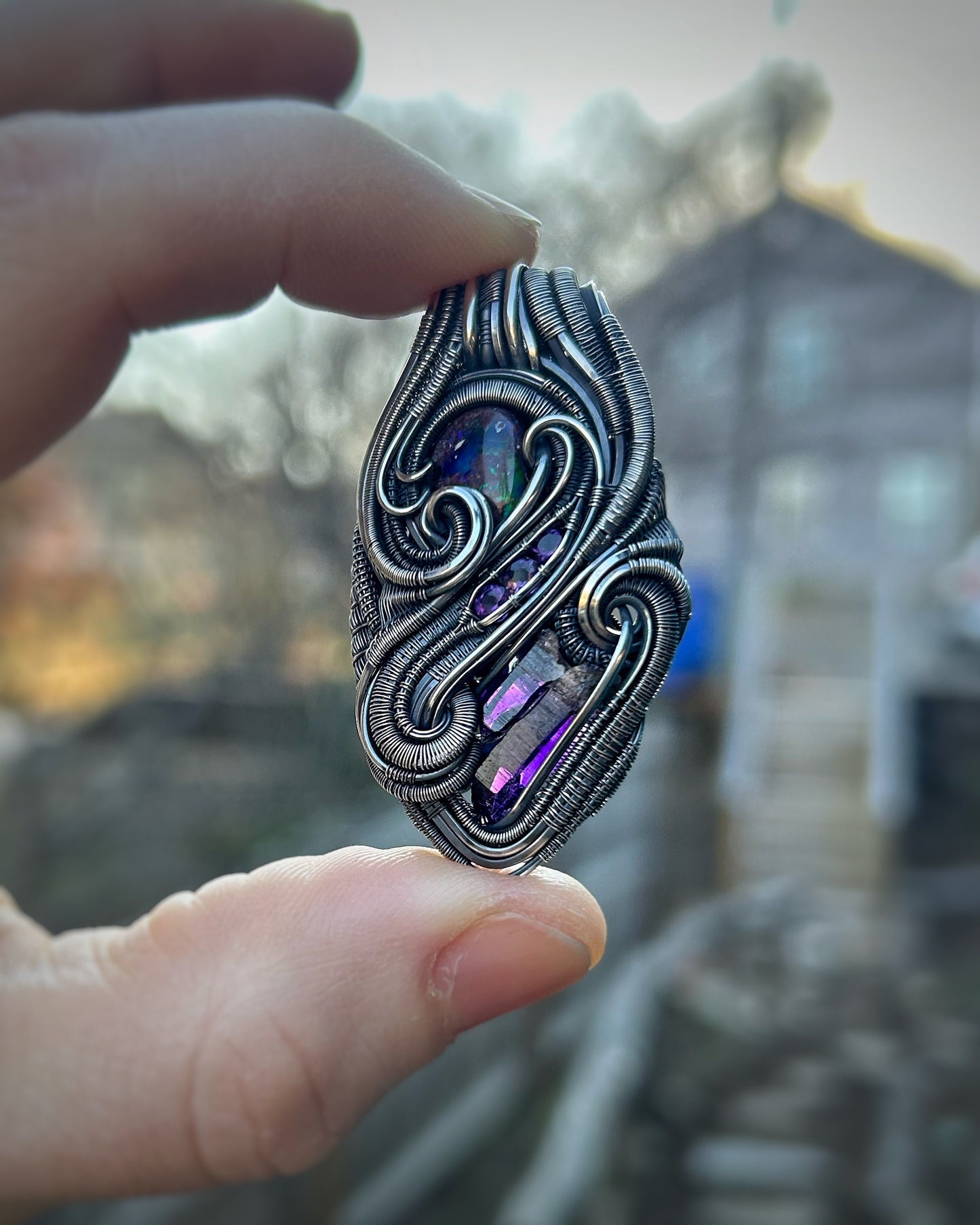 Purple Jammer // Amethyst Crystal // Fire Opal // Organic Wire Flow // Festival Jewelry // Oxidized Silver // Handmade Wire Art // Sexy Wrap
