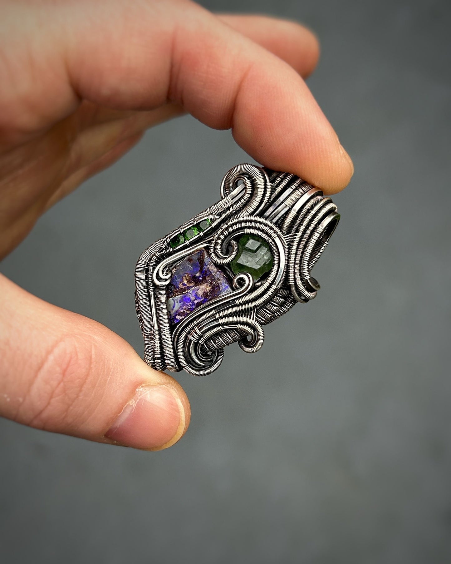 Purple Opal Jammer // Green Garnet // Organic Wire Flow // Festival Jewelry // Oxidized Silver // Handmade Wire Art // Sexy Wrap
