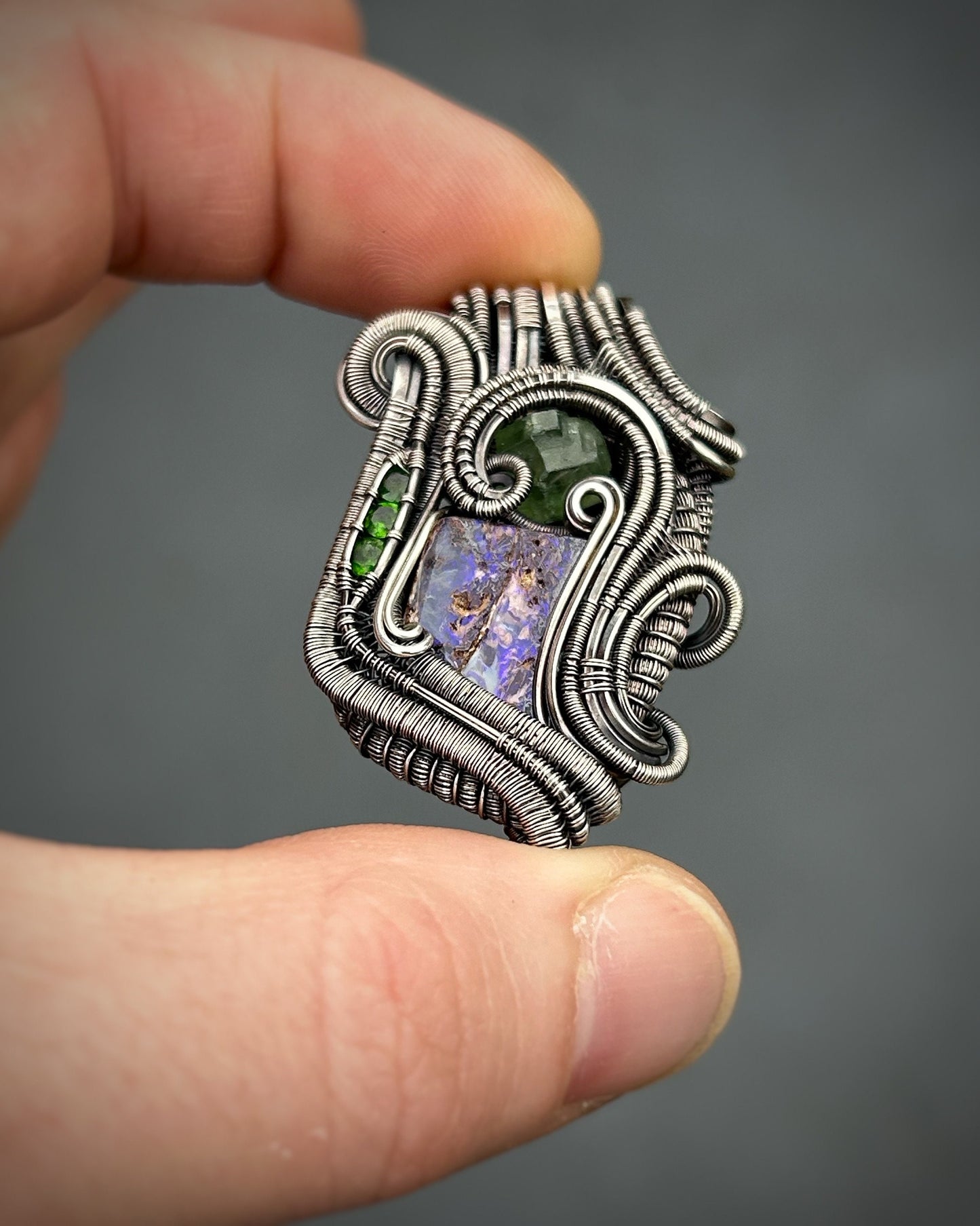 Purple Opal Jammer // Green Garnet // Organic Wire Flow // Festival Jewelry // Oxidized Silver // Handmade Wire Art // Sexy Wrap