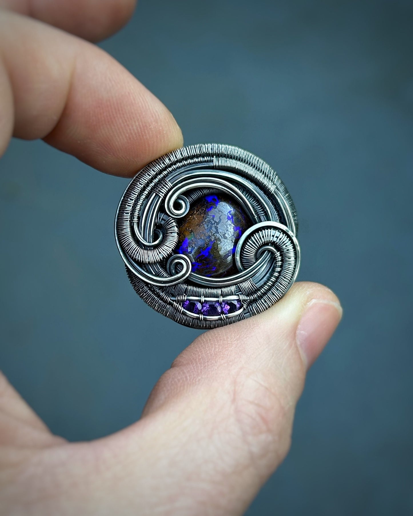 Circular Pendant // Purple Opal // Festival Jewelry // Wire Wrapped Pendant // Oxidized Silver // Amethyst // Organic Flow // Green