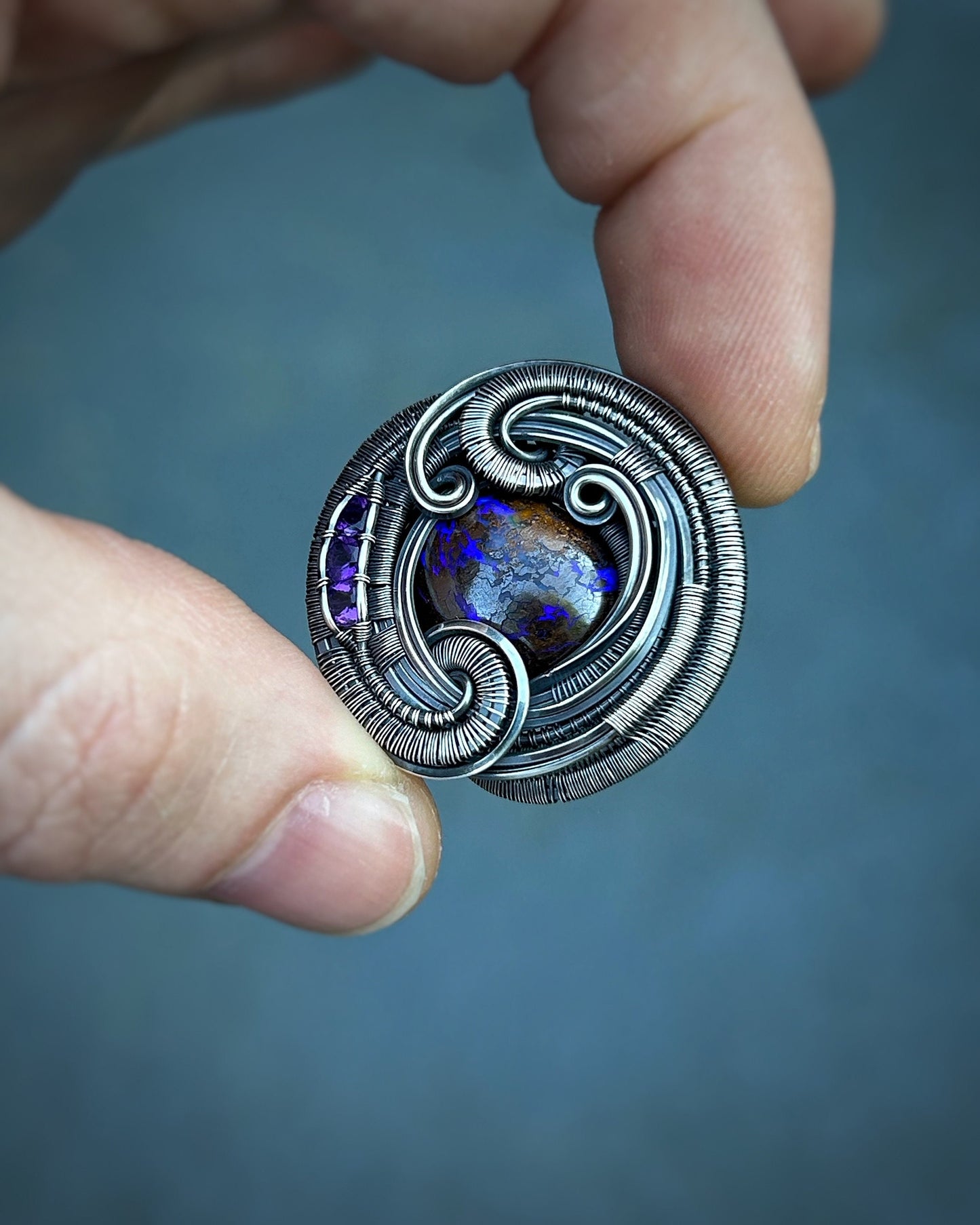 Circular Pendant // Purple Opal // Festival Jewelry // Wire Wrapped Pendant // Oxidized Silver // Amethyst // Organic Flow // Green