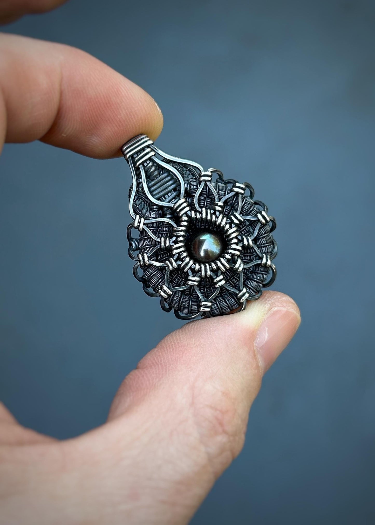 Symmetrical Pearl Pendant // Wire Wrapped // Oxidized/Polished Silver // Tahitian Black Pearl // Festival Jewelry // Sacred Geometry