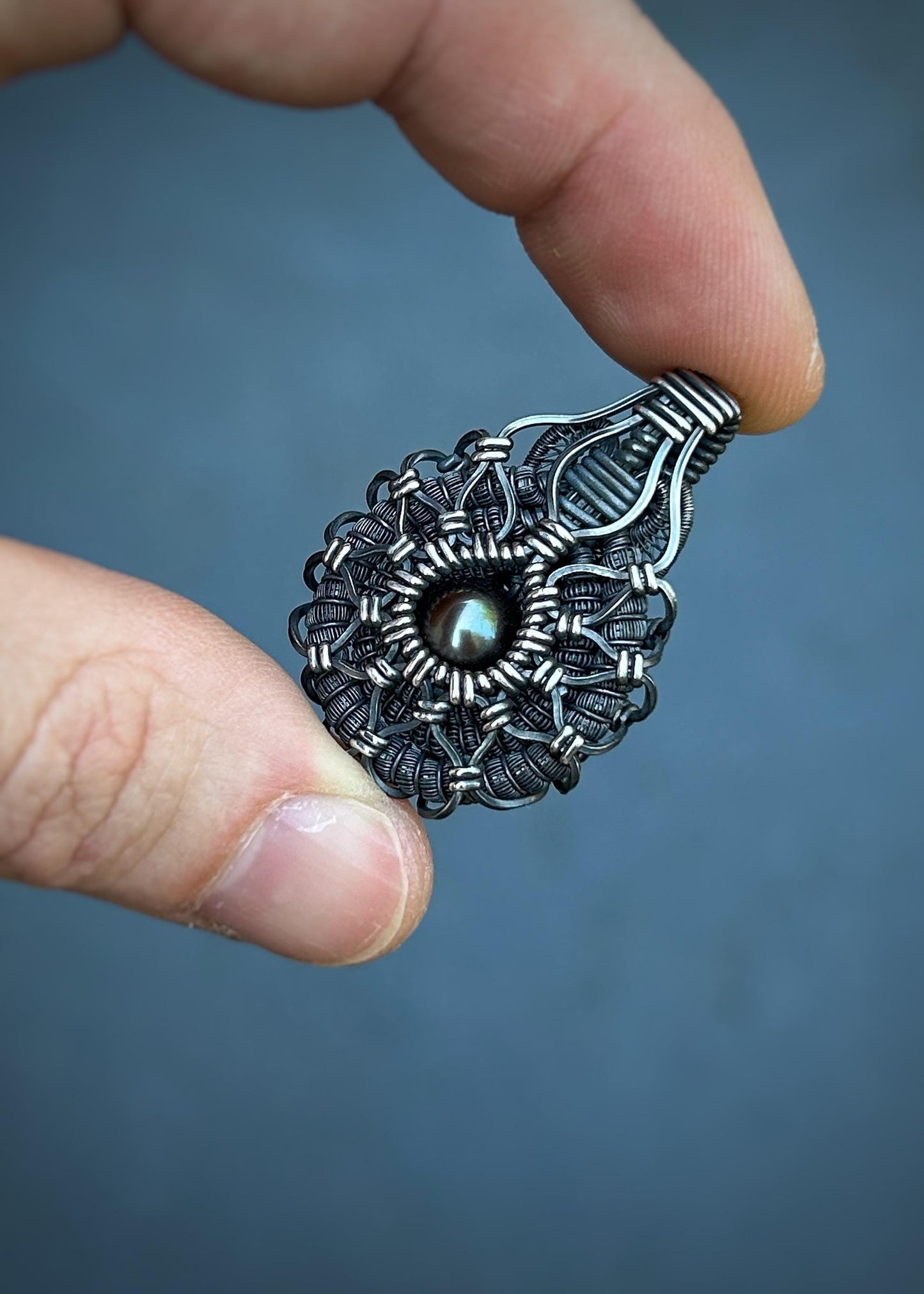 Symmetrical Pearl Pendant // Wire Wrapped // Oxidized/Polished Silver // Tahitian Black Pearl // Festival Jewelry // Sacred Geometry