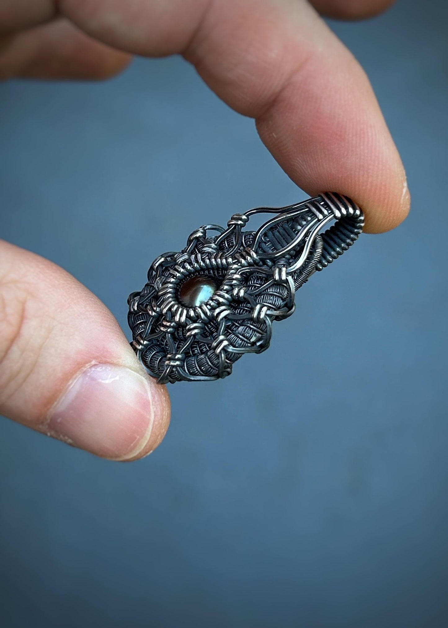 Symmetrical Pearl Pendant // Wire Wrapped // Oxidized/Polished Silver // Tahitian Black Pearl // Festival Jewelry // Sacred Geometry