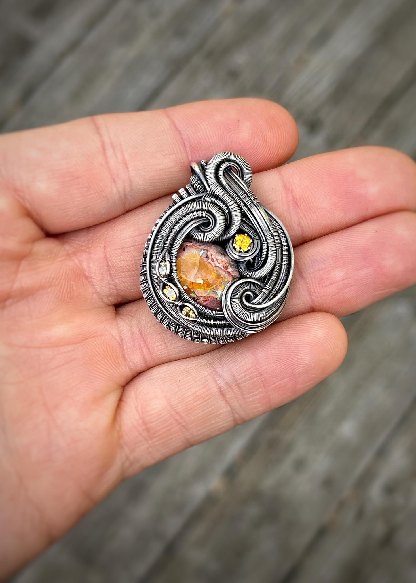 Yellow Monochromatic Pendant // Mexican Fire Opal // Wire Wrap // Festival Jewelry // October Birthstone // One of a Kind // Citrine