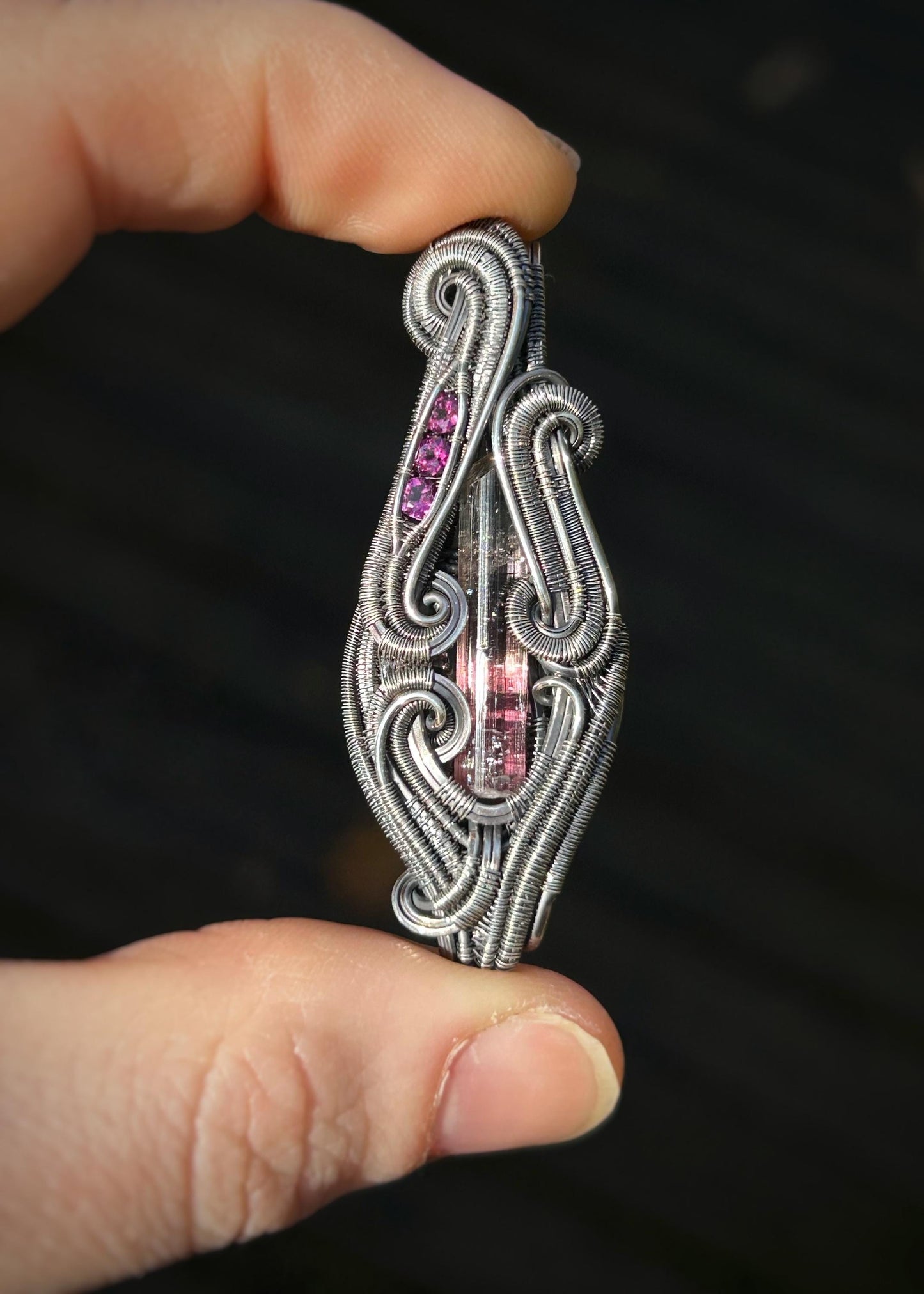 Slender Tourmaline Pendant // Aricanga Tourm // Oxidized Silver // Festival Jewelry // Handmade Wire Art // Organic Wire Flow // Garnets
